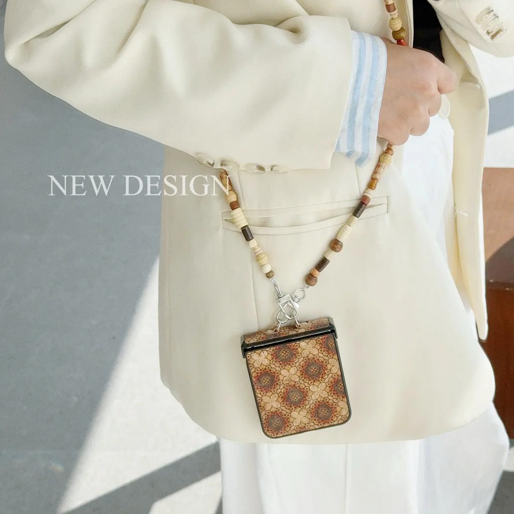 Retro-Blumendrucke Crossbody Lanyard PU-Lederhülle mit Glitzerperle für Samsung Galaxy Z Flip 6 5 4 3 Handyhülle