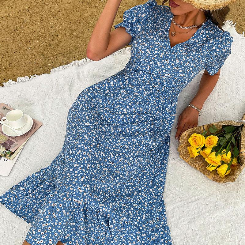

Длинное платье с v-образным вырезом и цветочным принтом для женщин, летнее платье макси с короткими рукавами и высокой талией, дышащее легкое платье для работы и отдыха S синий