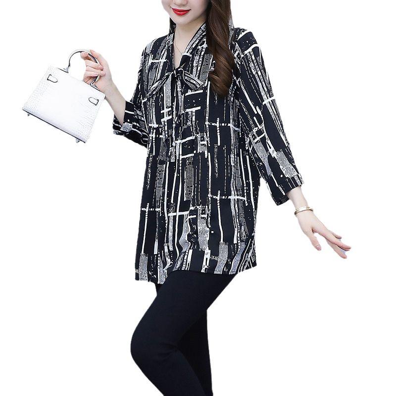2024 Spring/Summer Chic Chiffon Shirt - Plus Size, Loose Fit, Three-Quarter Sleeves for Middle-Aged Women