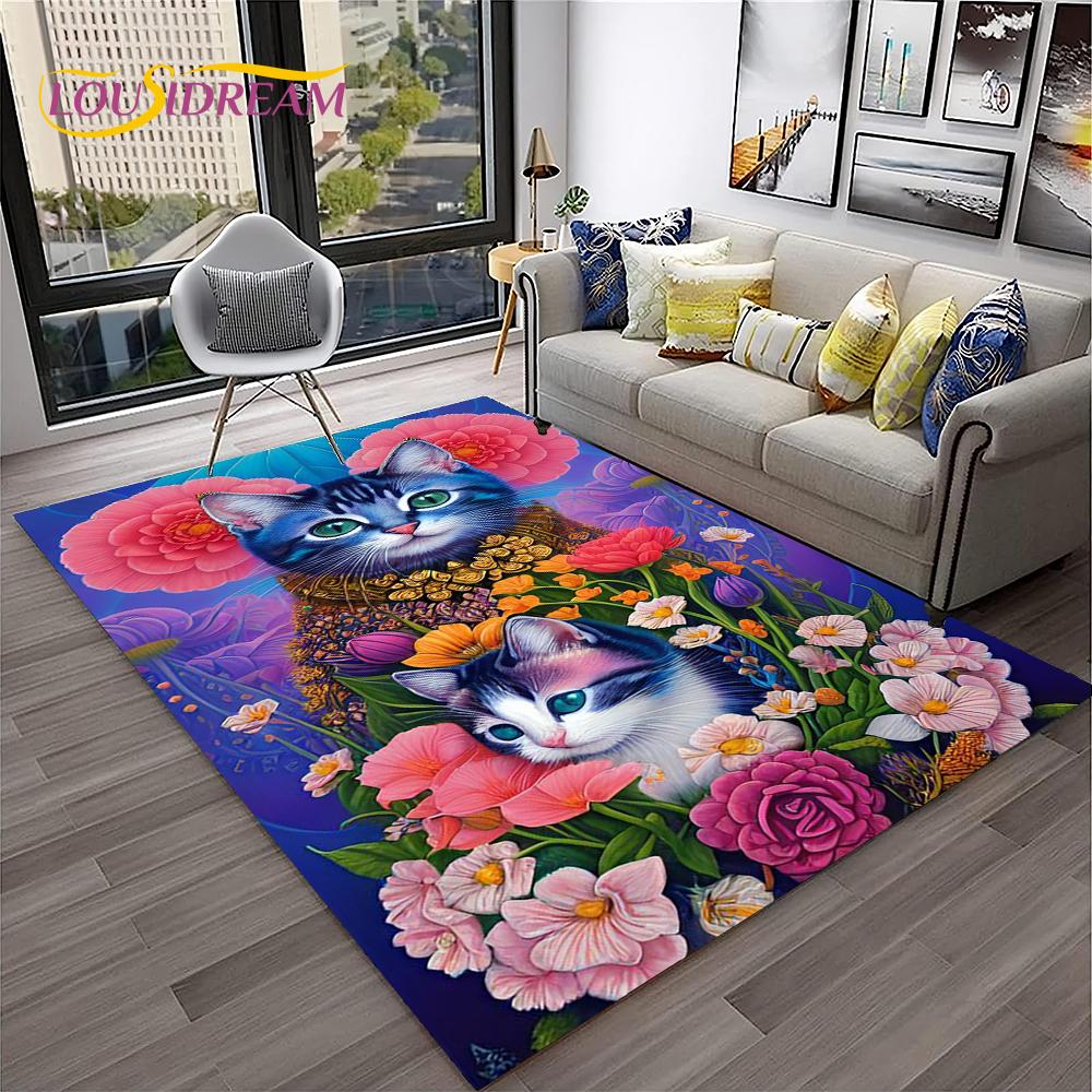 Alfombra con dibujos de flores y gatos bonitos de estilo pastoral para el hogar, sala de estar, dormitorio, sofá, decoración, alfombra para área de juegos para niños, alfombra antideslizante