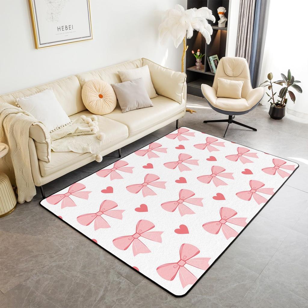 Erosebridal Bowknot Living Room Rugs for Girls, Girly Bow Knot Decorative Carpet Stripes Diamond Area Rug 6'6" x 4'11" for Kids Women, Kawai