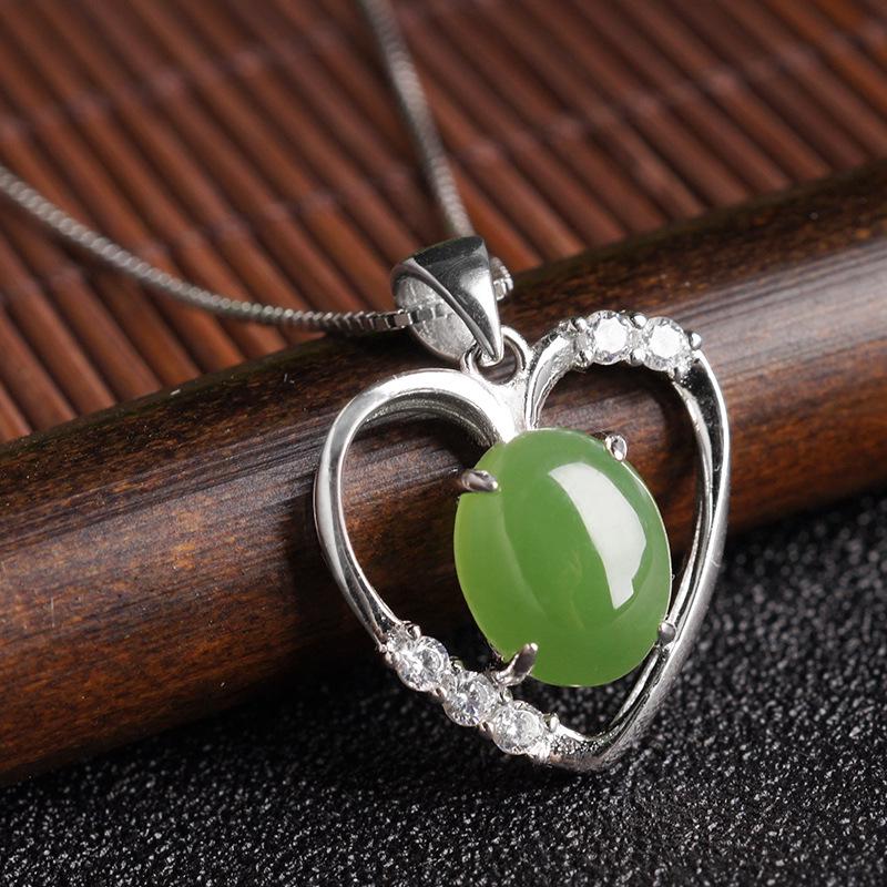 925 Sterling Silver Heart-shaped Jade Pendant Necklace with Certificate - Green Hetian Jade for Women