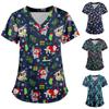 Women Short Sleeve V Neck Christmas Cartoon Pattern Tops Pocket Working T-shirts Non-positioning Print