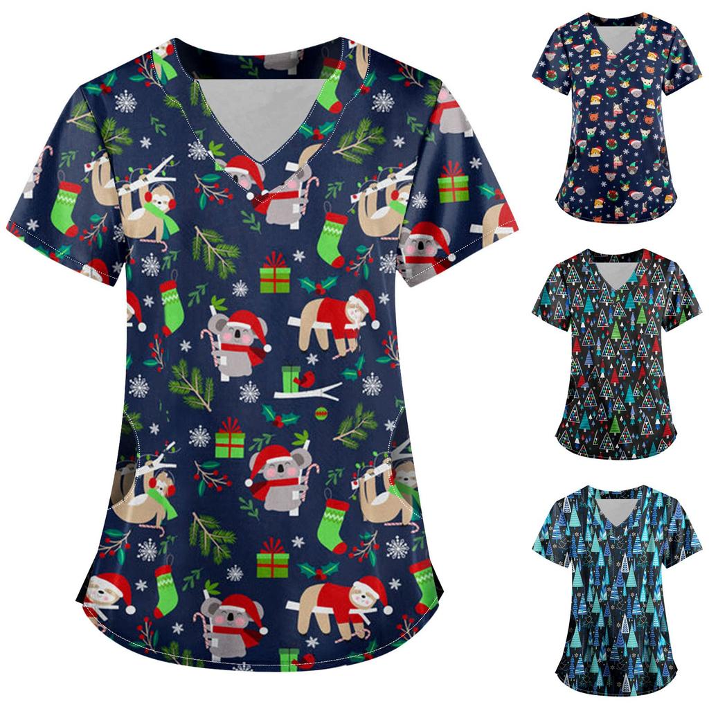 Women Short Sleeve V Neck Christmas Cartoon Pattern Tops Pocket Working T-shirts Non-positioning Print