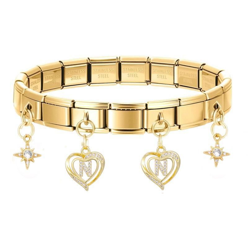 26 Initial Letters A-Z Zirconia Dangle Bracelet Stainless Steel Elastic Bangle for Men Women Birthday Party Name Jewelry