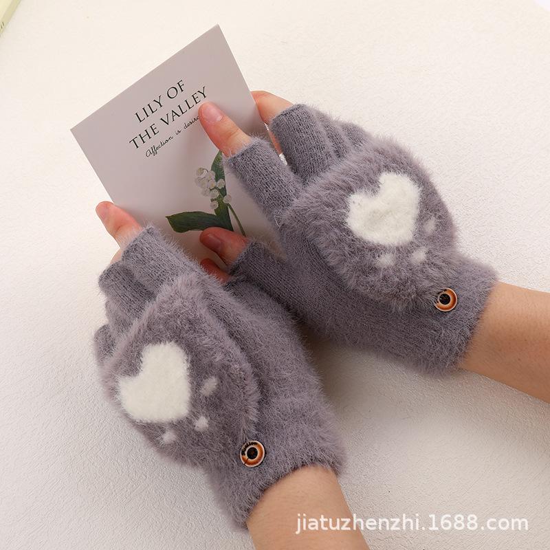 Korean Touchscreen Half Finger Cat Paw Flip Top Student Gloves Cold Proof Women Autumn Winter Fleece Knit Gloves