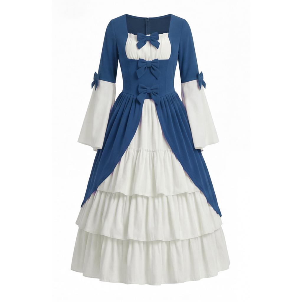 Medieval Gothic Court Dress Women Vintage Halloween Costume Square Neck Waist Tie Bow Accent Layered Skirt Party Dress