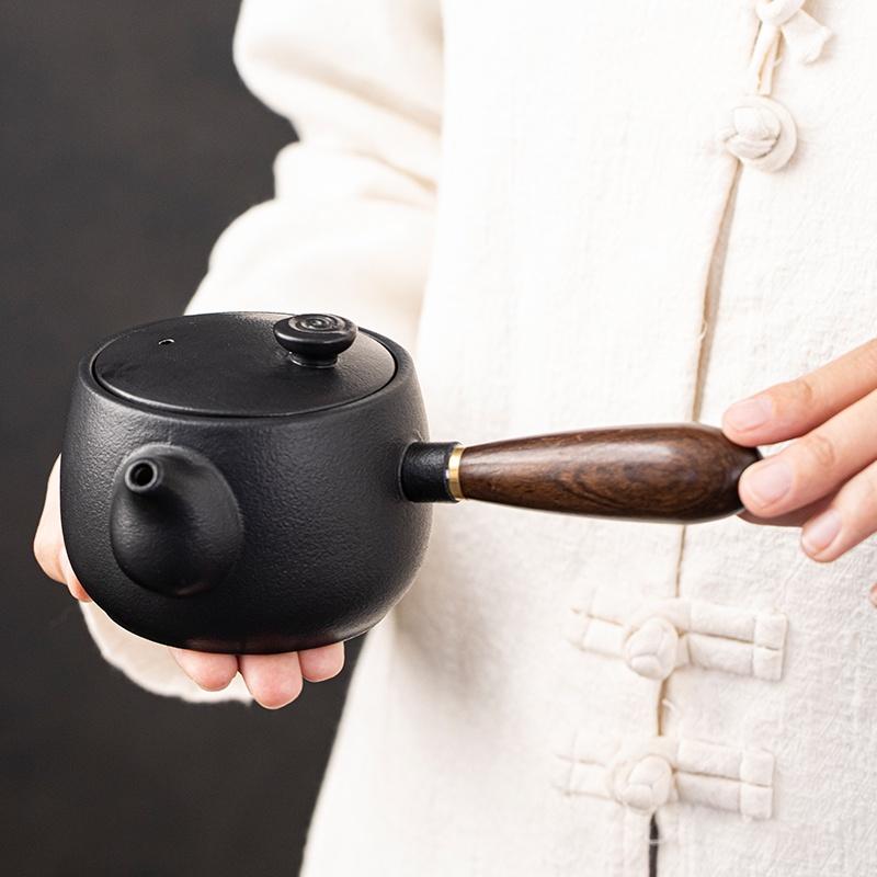 320ml Ceramic Teapot, Coarse Earthenware Side-Handled Teapot, Black Pottery Gongfu Tea Set