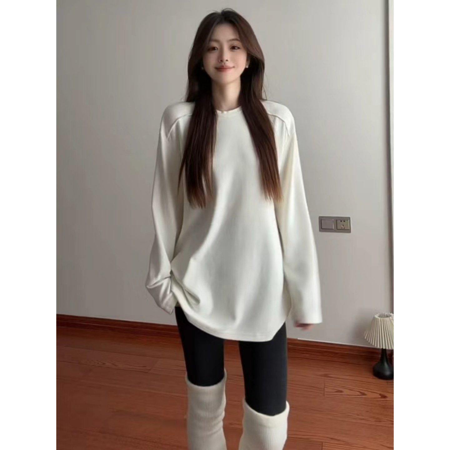 

Women s Mid-length Long-sleeve Corduroy T-shirt, 270g Hip-covering Base Layer, Autumn/Winter Loose Cozy Style. S белый