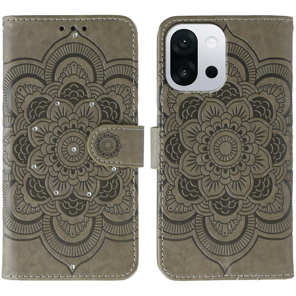 For OnePlus 13T 5G Case Rhinestone Decor PU Leather Mandala Imprinted Design Phone Cover with Wrist Strap