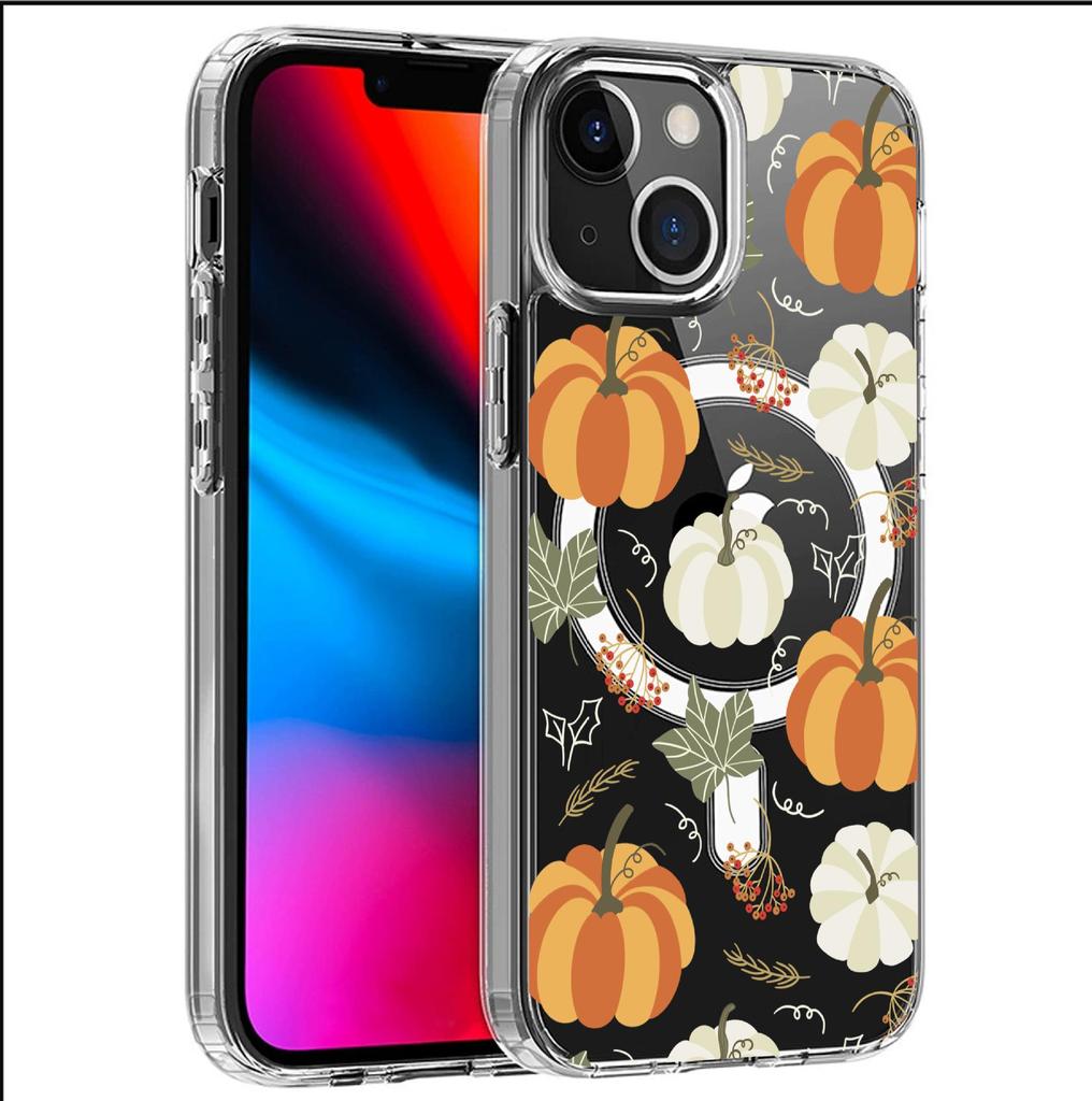 Color Block Pumpkin Magnetic Phone Case for iPhone 15/16/17 Pro Max - Transparent, Full Coverage Protection