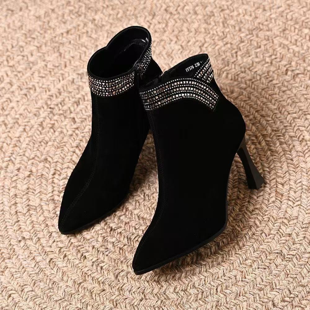 Autumn and winter new retro fashion thin heel pointed Martin boots women's fashion high heel cotton boots