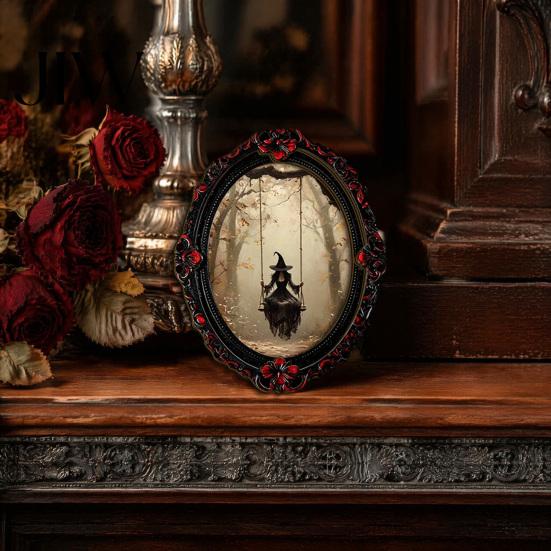 Halloween Refrigerator Magnets Magnetic Fridge Magnet, Ghost Witch Photo Frame, Wooden Vintage Theme Home Ornaments Frame Decoration, Atmospheric Dark