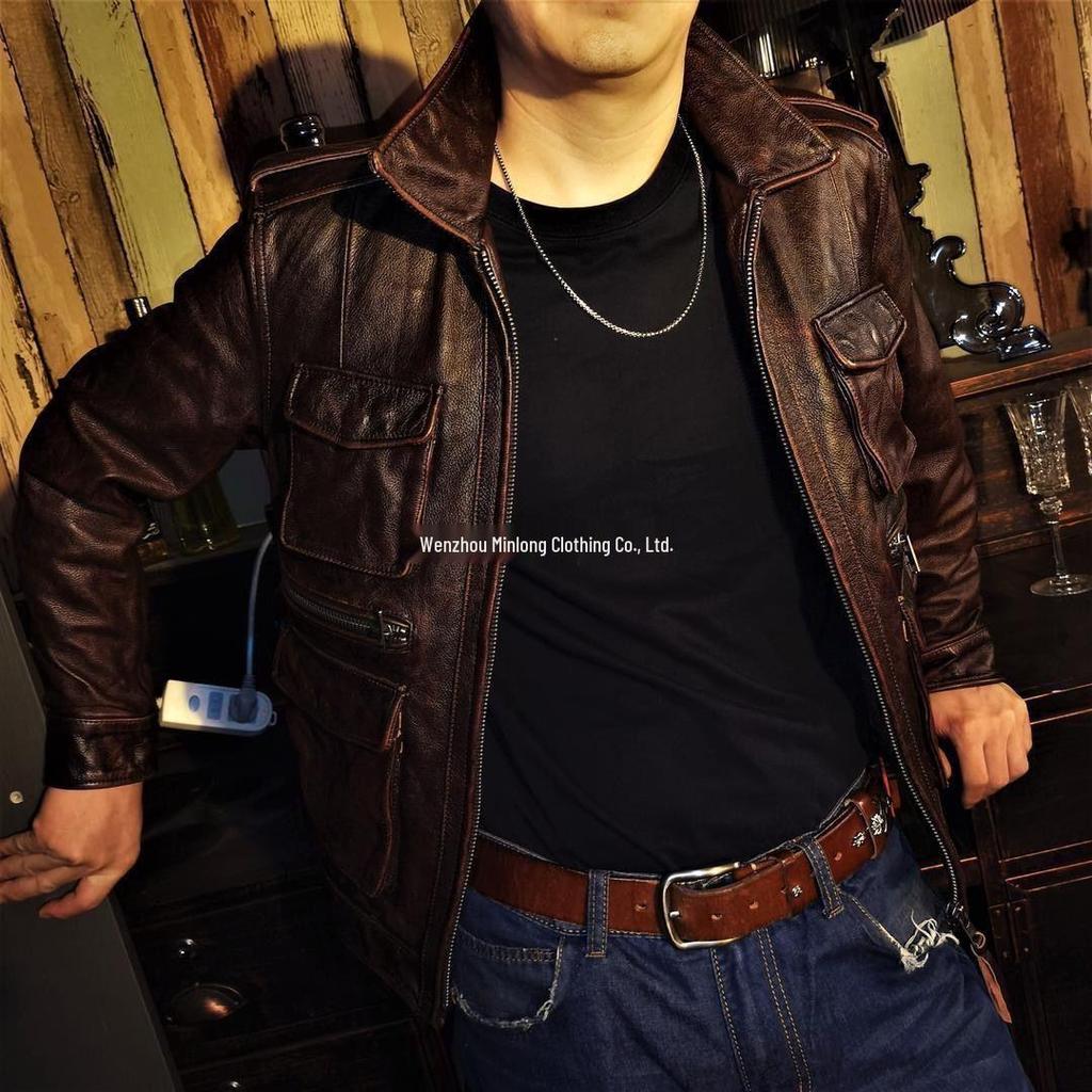 Męska skórzana kurtka motocyklowa w stylu retro chińskim