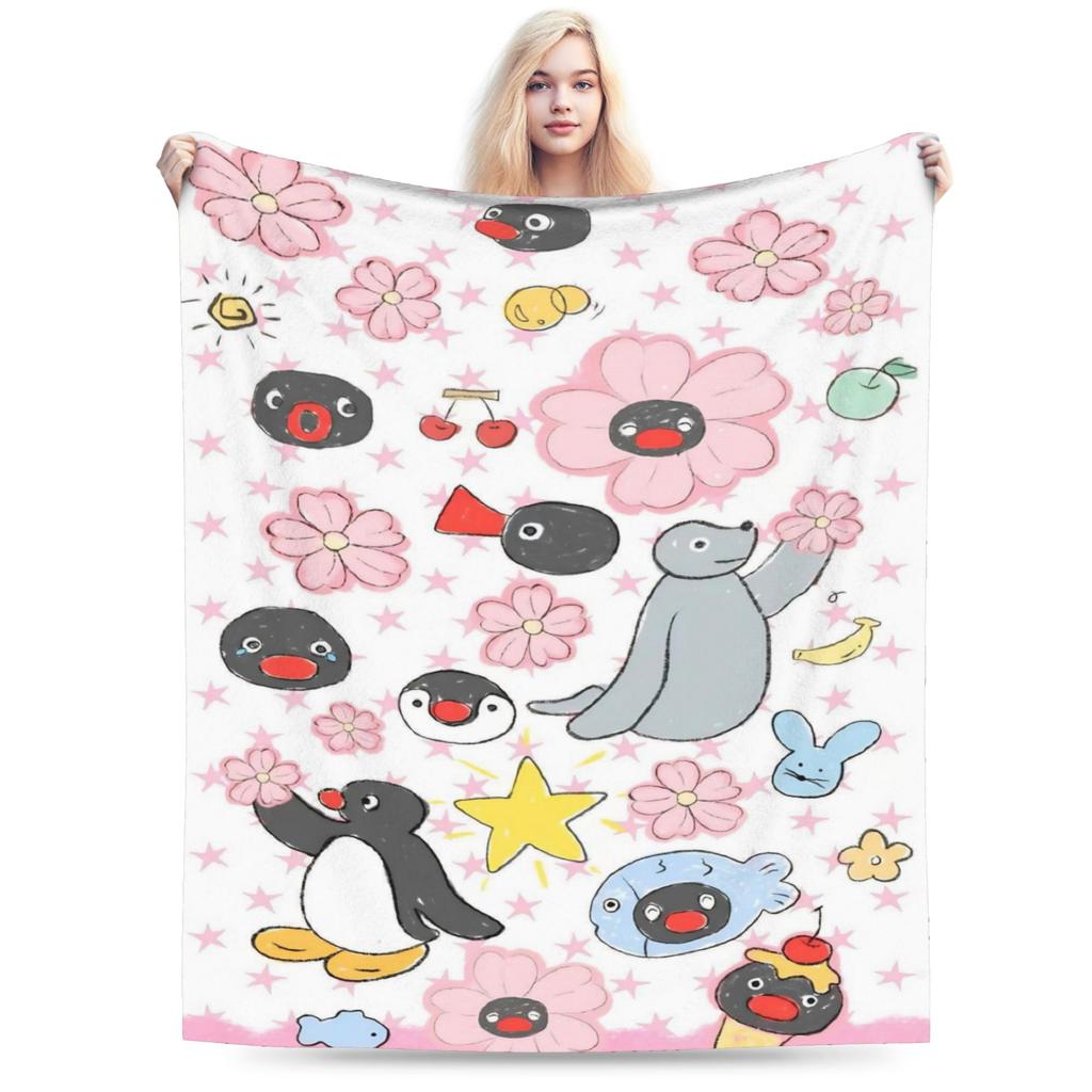 Noot Pingu Fleece Throw Blankets Penguin Cartoon Blankets for Bedding Couch Ultra-Soft Bedding Throws