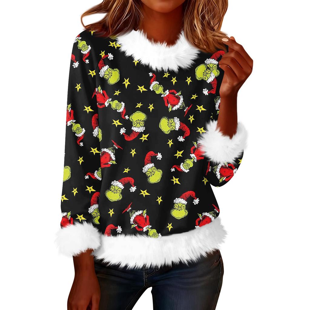 Damen Modisches Weihnachten Bedrucktes Rundhals Langarm Casual Pullover T-Shirt Top