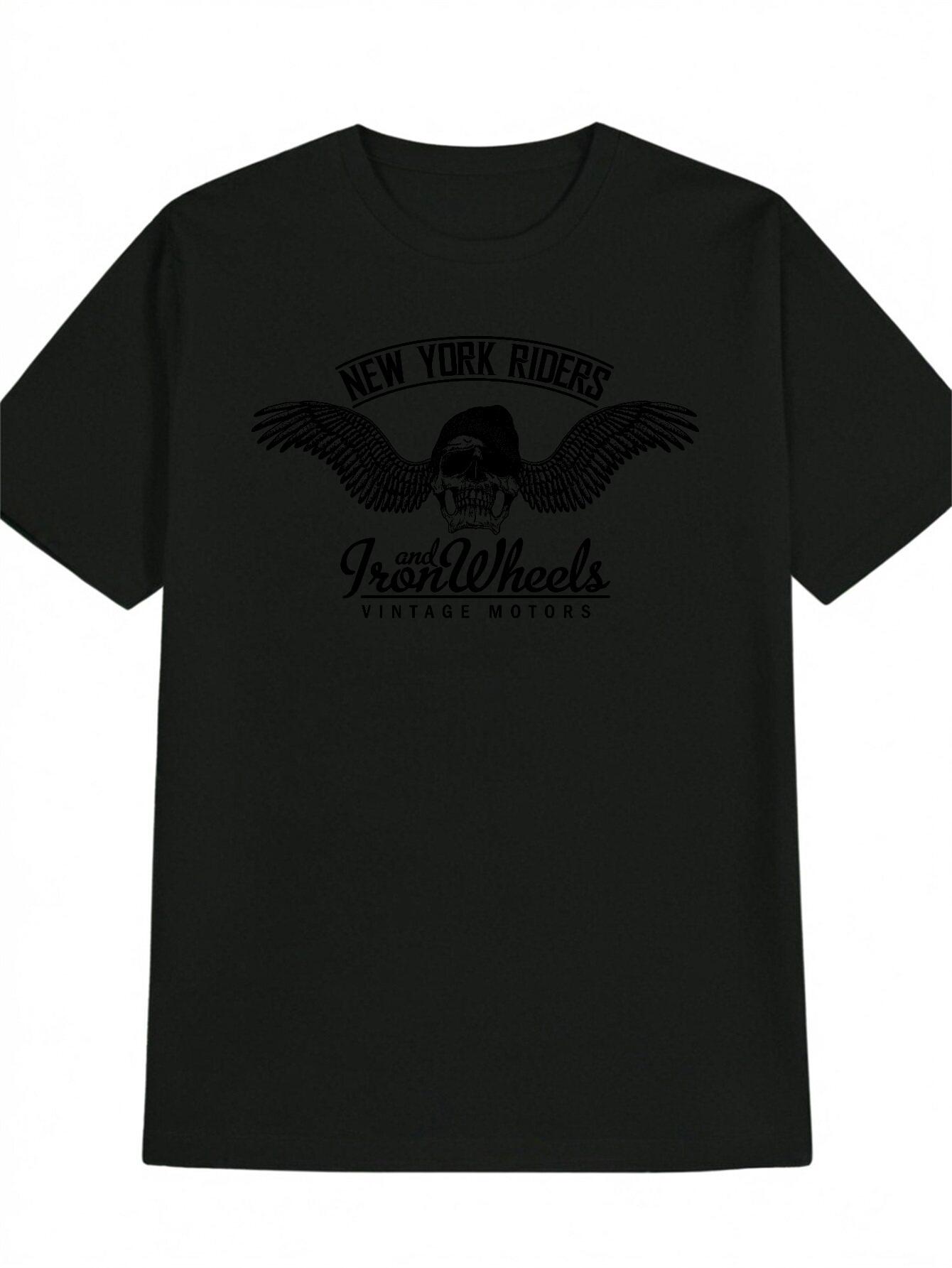 

Vintage New York Riders Graphic T-shirt - Black Casual Short Sleeve Round Neck Tee with Motorcycle Wing Design M