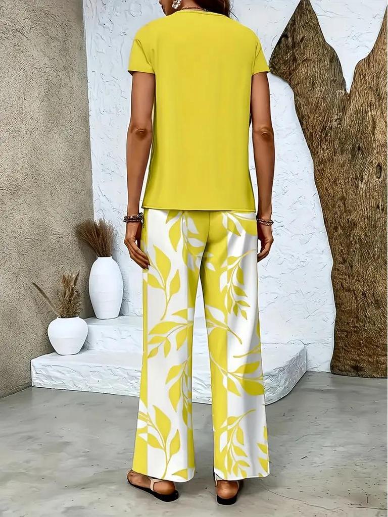 2026 Women's Printed Top and Wide-Leg Pants Set, European & American Style for Cross-Border E-commerce.