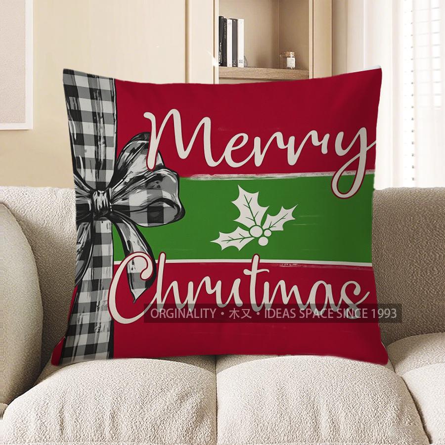 Home Decor Christmas Wreath Bow Decorative Pillow Cover Pattern Cushion Cover Suitable For Sofa Bedroom Car Pillow Cover