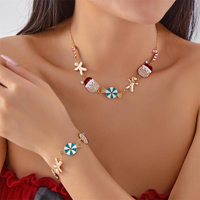 Christmas Jewelry Set With Rhinestone Santa And Gingerbread Pendant For Holiday Gifts