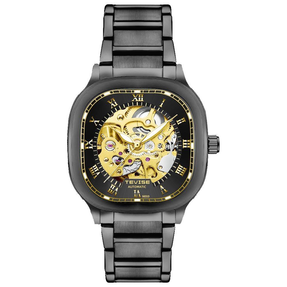 TEVISE Luminous Square Hollow Dial Men's Stainless Steel Waterproof Automatic Mechanical Watch Fashion Business Skeleton Watches