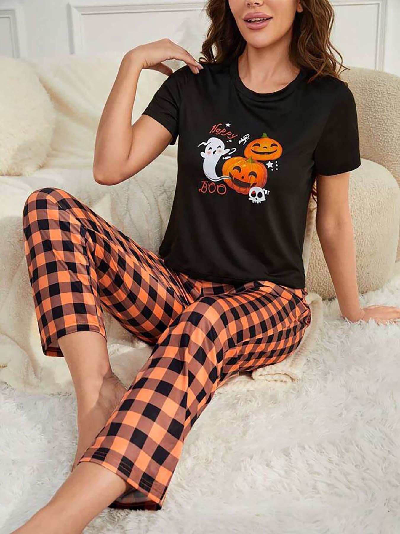 

Halloween Cartoon Printed Loungewear Set Short Sleeve Trousers Two-piece Set Four Seasons Comfortable Pajamas XS темно-коричневого кольору