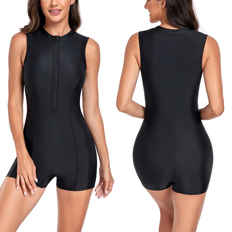 

2025 European and American Fashion Solid Color Thin and Covering Meat One-piece Front Zipper One-piece Women s Surf Suit S чорний