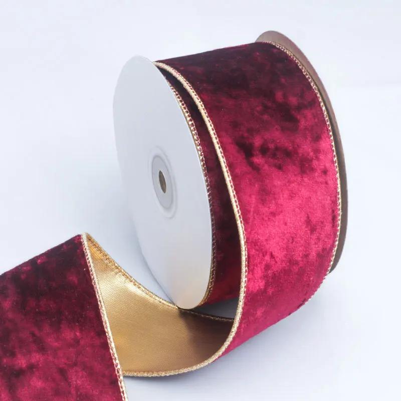 50MM Wired Edge Reversible Velvet Metallic Ribbon For Christmas Tree Decorations Bow Making New Year Gift Wrapping 10Yards Roll