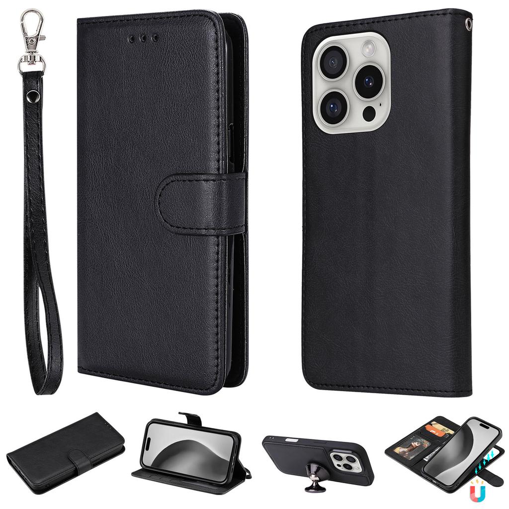 For iPhone 16 Pro Case 2 in 1 Detachable Magnetic Leather Wallet Mobile Cover with Strap