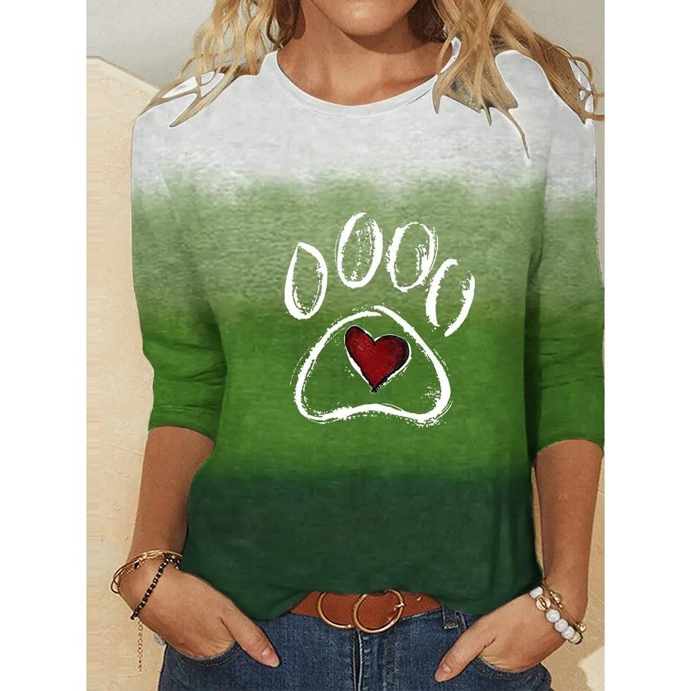 Fashionable Versatile Leisure 3D Long Sleeved T-shirt Women Loose Large Round Neck Casual Top Cartoon Letter Portrait Printed T-shirt