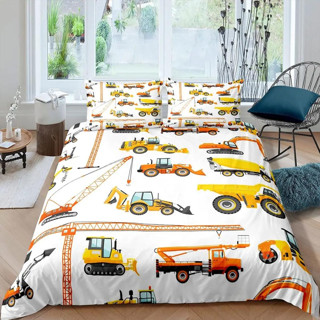 Cartoon Tractor Trucks King Queen Duvet Cover Construction Vehicle Bedding Set Excavator Quilt Cover Polyester Comforter Cover