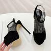 Runway Fashion Peep Toe 17CM Stiletto Shoes Women Sexy Crystal Rhinestone Mesh Ladies Platform High Heels Sandals Black