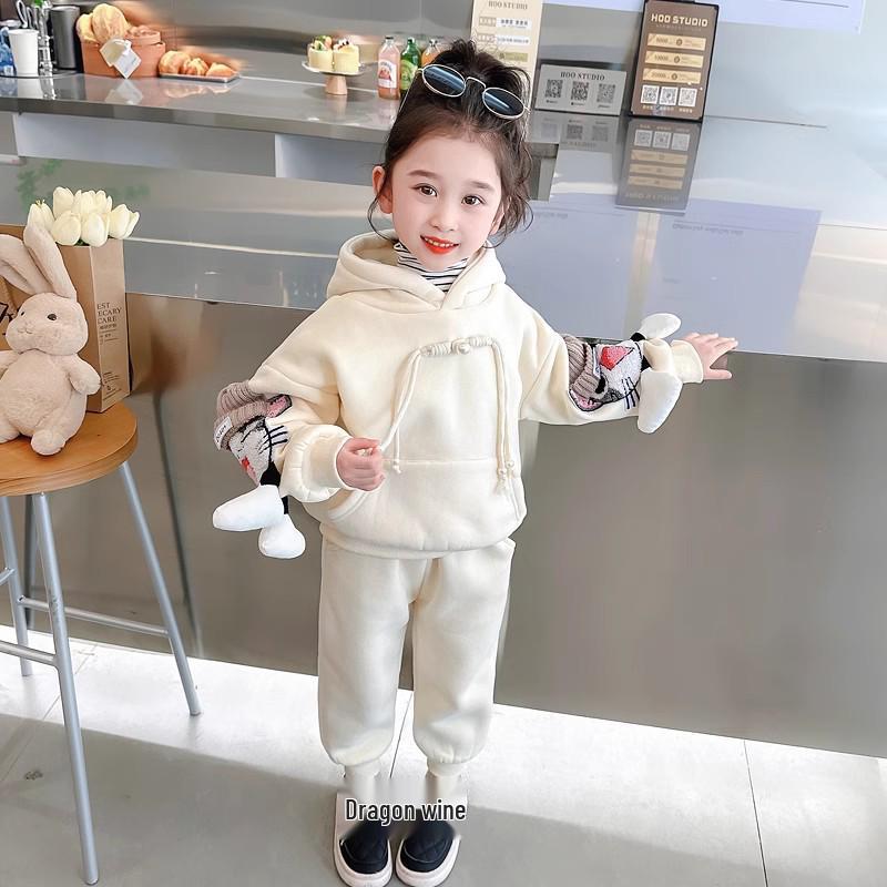 Trendy Girls' Cartoon Sweatshirt and Pants Set - Casual and Sporty Two-Piece Outfit