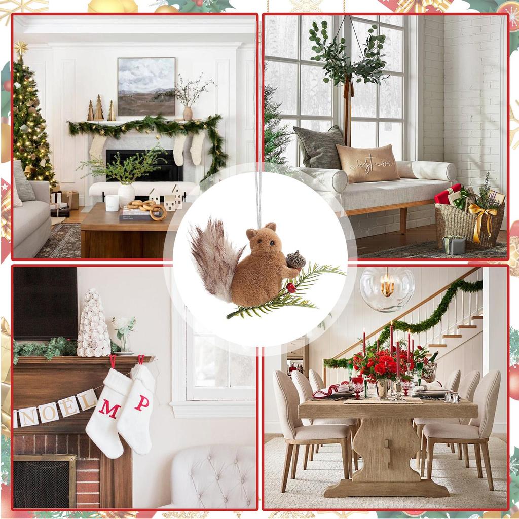 Squirrel Ornament Plush Squirrel Festive Charm Realistic Pine Cone Branches Animal Ornament For Window Outdoor Bookshelf Ceiling