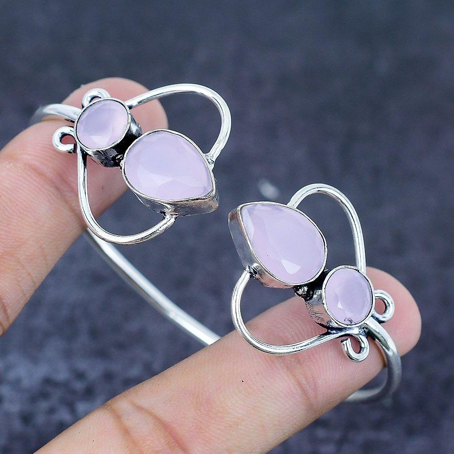 Pink Chalcedony Gemstone 925 Sterling Silver Cuff Bangle Adjustable D8v95