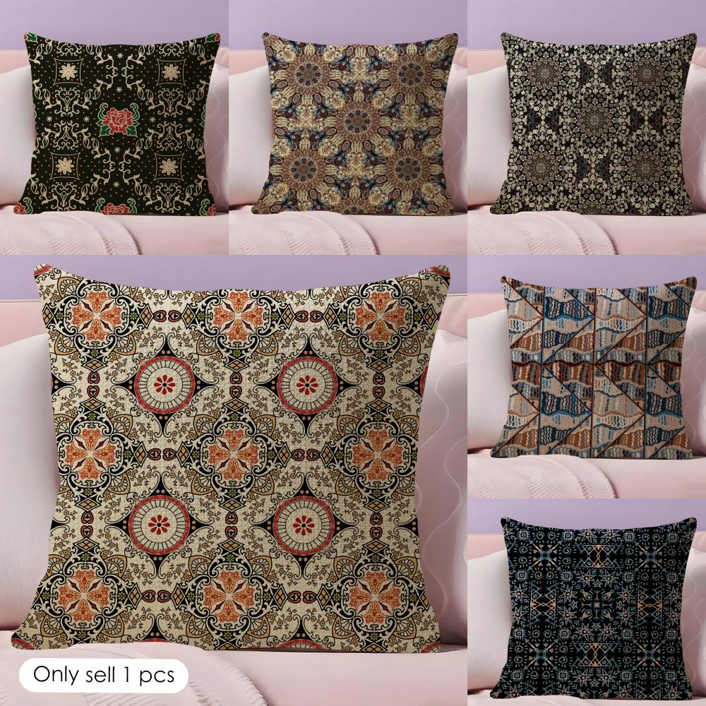 Snycler Boho Teppichmuster Kissenbezug Natürlicher Leinen Doppelseitiger Druck Dekokissenbezug für Sofa Couch Heimdekoration