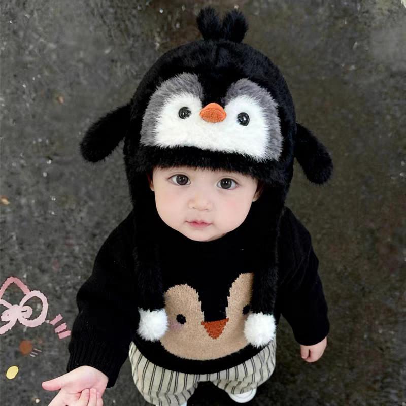 Cute Penguin Knit Hat For Kids Winter Warmth With Earmuff Design