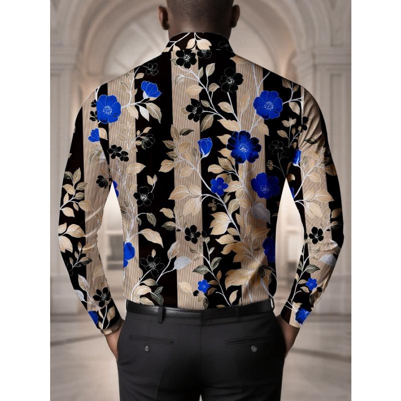 Men's Floral Print Long Sleeve Shirt Fashion Casual Slim Fit Trendy Blue Flower Pattern Dress Shirt for Party Daily Wear