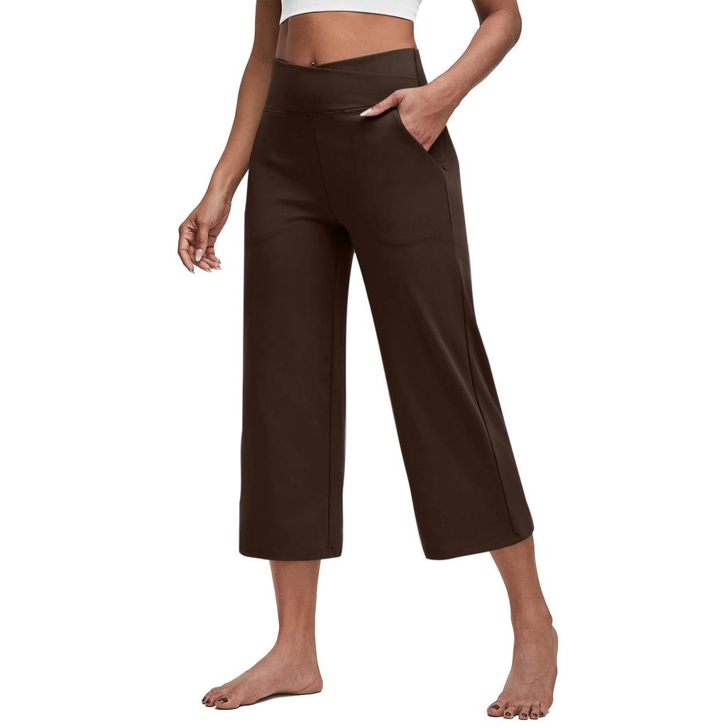 Women Elastic High Waist Casual Fit Wide Capris Leg Pants Yoga Leggings Soft Gym With Pockets