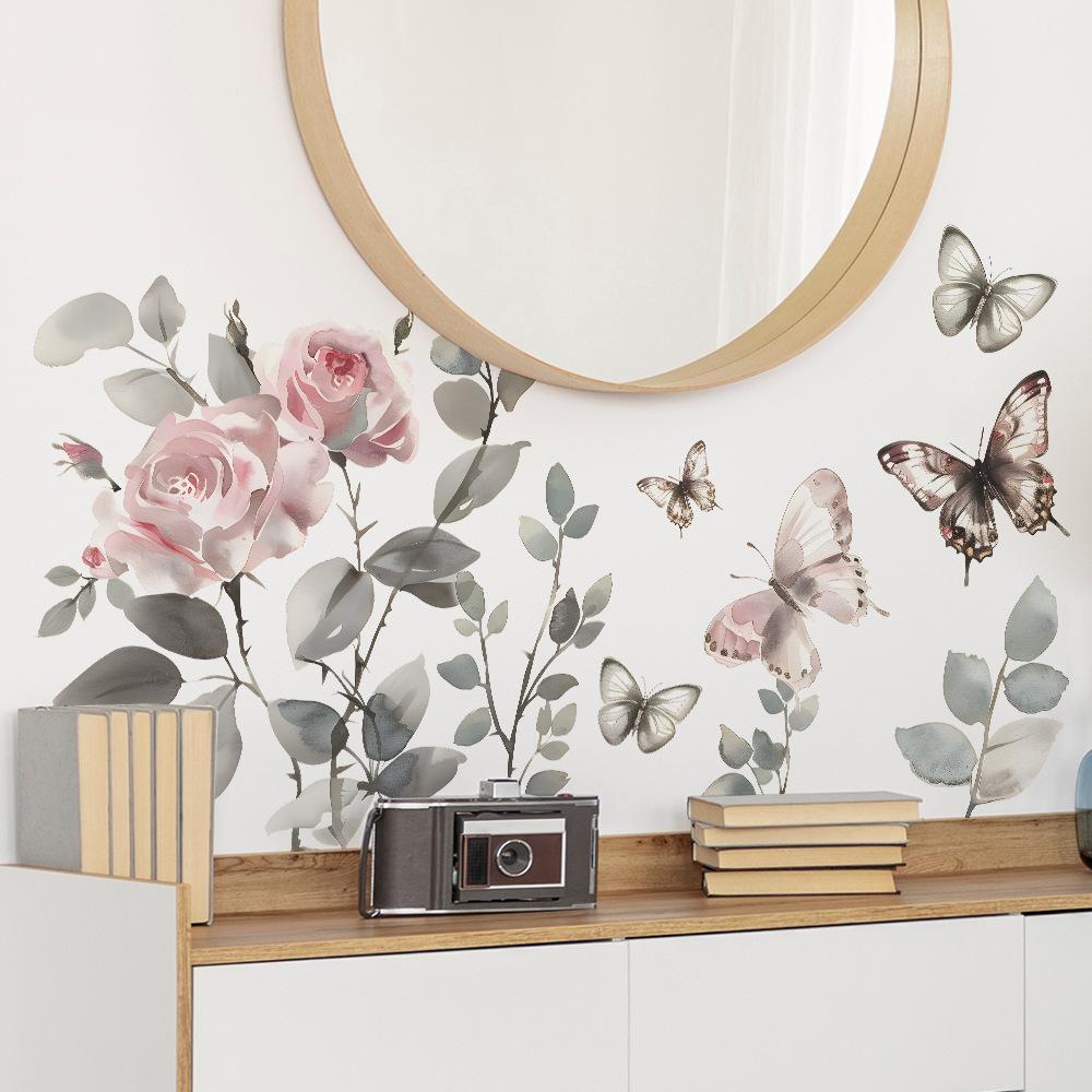 Watercolor Minimalist Flower Butterfly Wall Sticker Self-Adhesive for Bedroom Vanity Wall Decoration