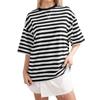 Women's Large Striped Color Blocking Short Sleeved Round Neck Sports Shirt Casual Loose Pullover Top