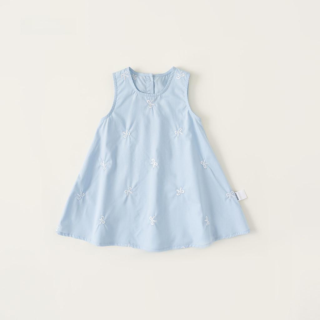 Girl Summer Cotton Sleeveless Dress With Bow Embroidery For Kids Age 3 To 8