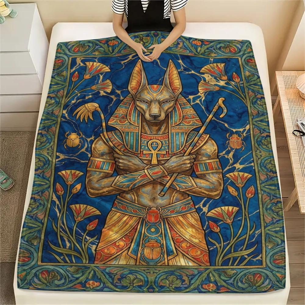 1Pc Anubis Print Flannel Blanket, High quality Comfortable for All Seasons, Home Decor, Warmth and Comfort, Perfect for Christmas Gifts W87