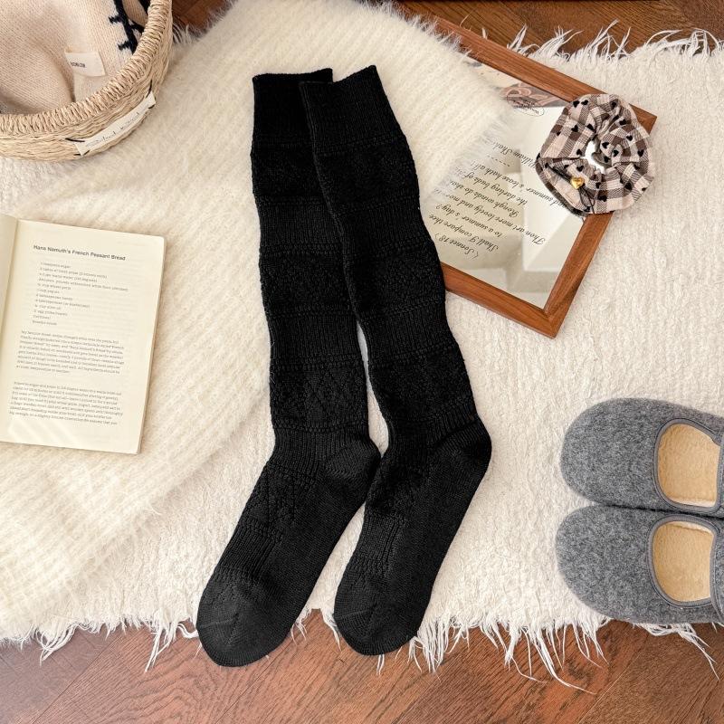 Calf Socks Thickened Wool Stockings Korean Simple Diamond Dark Pattern Half-Leg Socks Slim Calf Socks