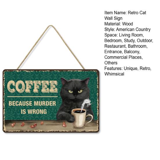 Retro Cat Coffee Wall Sign Funny Black Cat Wall Art Poster Vintage Wood Hanging Sign for Kitchen Coffee Bar Home Decor