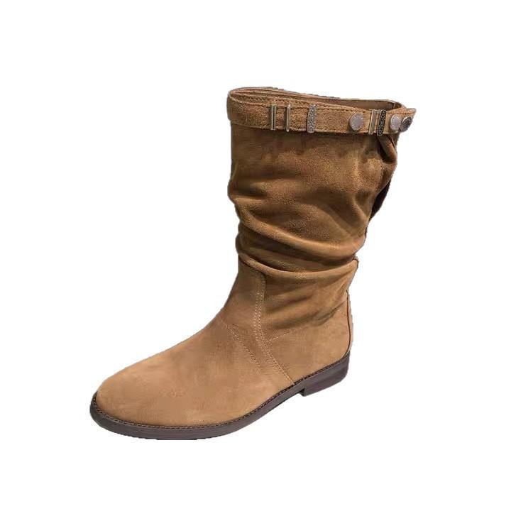 Cowhide Edition~ Wilderness Pastoral Vintage Western Boots 2025 Autumn and Winter Atmosphere Brown Versatile Flat Folded Stacking Boots