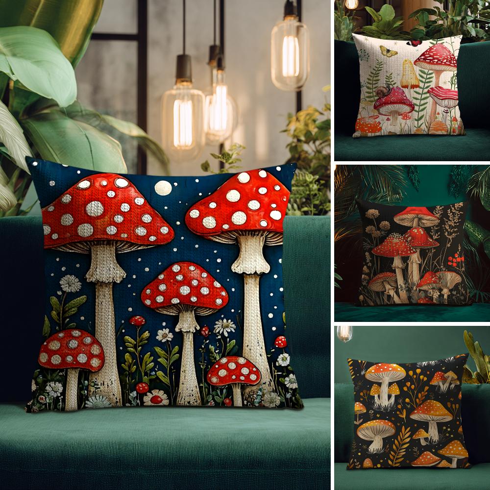 Mushroom Illustrations Cushion Cover Natural Linen Pillow Case Double-Sided Print Decorative Sofa Pillowcase Home Decor Gift