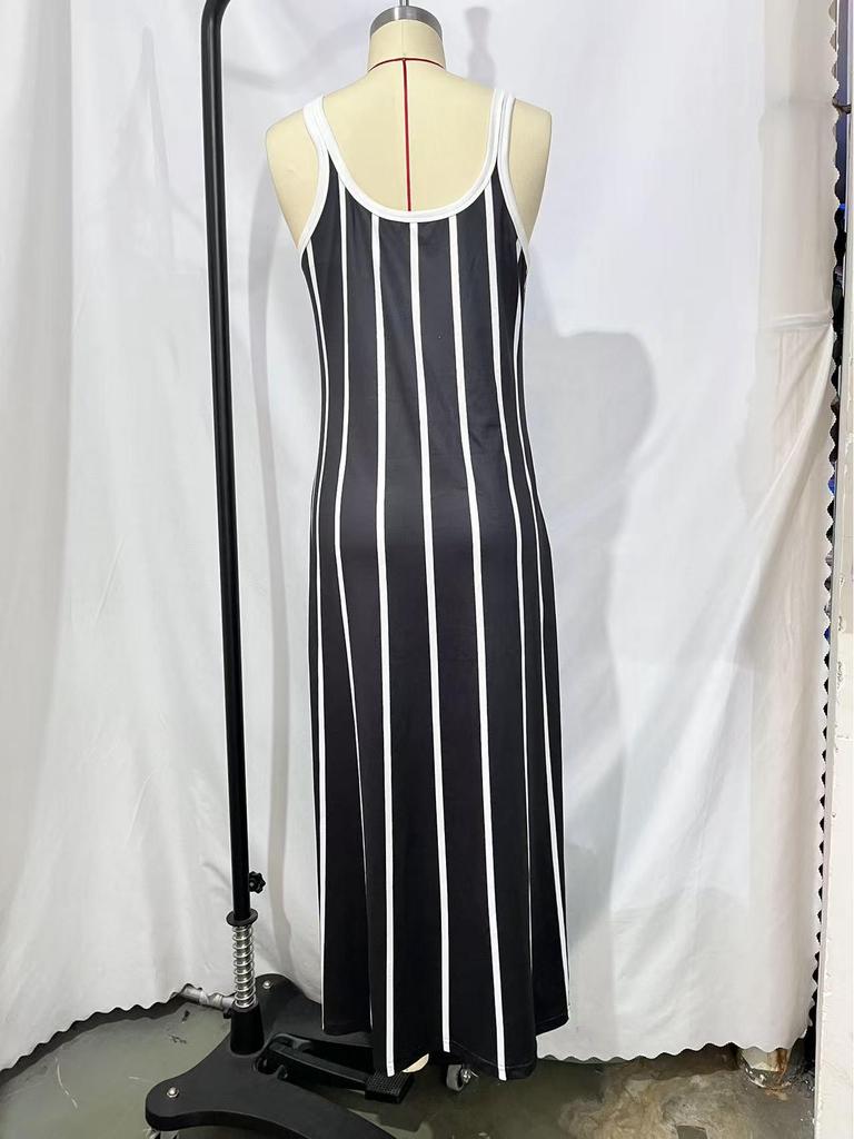 Ärmelloses gestreiftes Maxikleid für Damen - Bequem & Lässig, U-Ausschnitt, Hohe Taille
