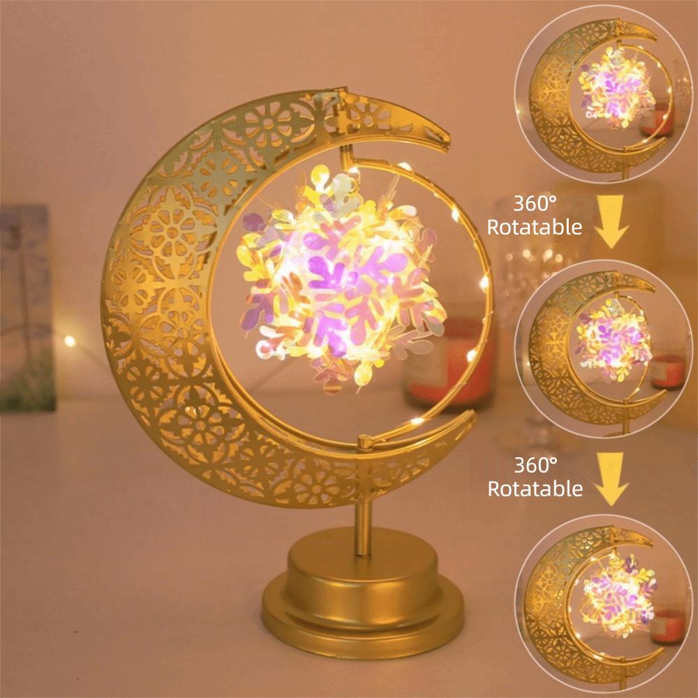 Metal LED Moon Lamp Elegant Rotating Design Ramadan Desk Lamp Crescent Moon Golden Finish Night Light Middle Eastern Party