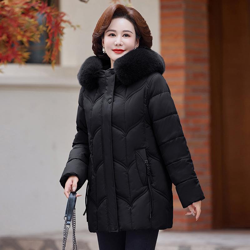 

2025 хлопковая одежда и хлопковая одежда женская средней длины зимняя одежда однотонная с большим меховым воротником капюшоны и толстая флисовая подкладка 5XL чёрный